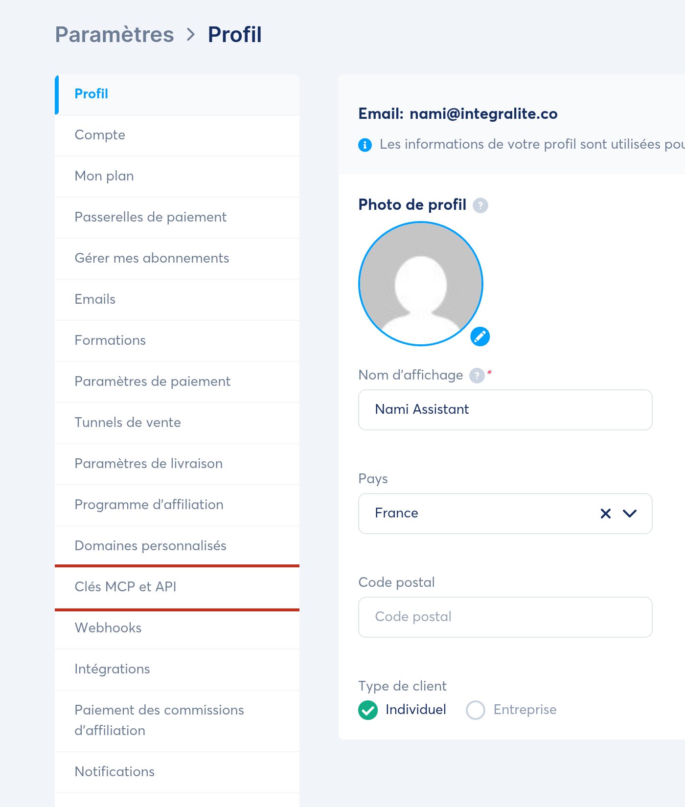 Choisissez « Clés MCP et API »