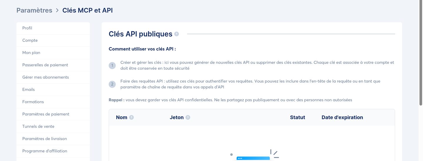Descendez jusqu'à la section « Clés MCP »