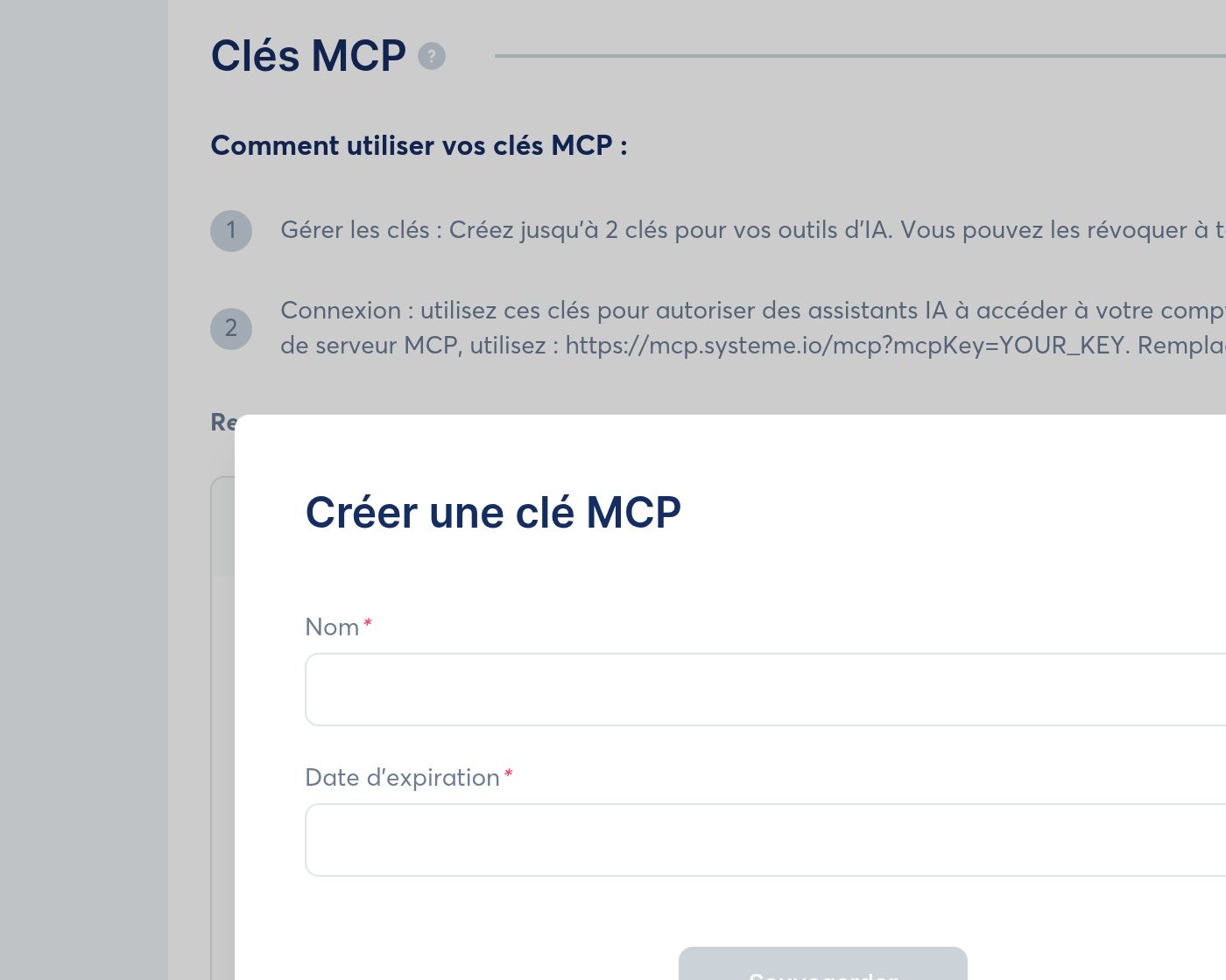Cliquez « Créer » (section Clés MCP), donnez un nom