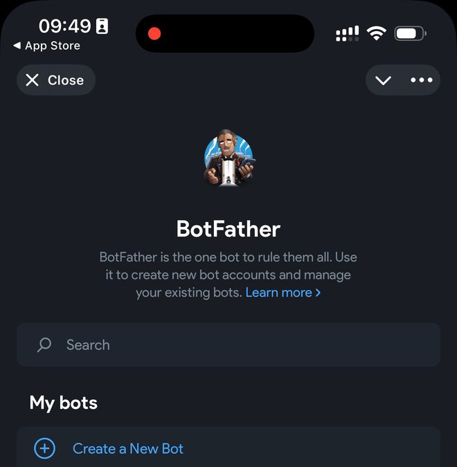 L'écran de BotFather avec le bouton Create a New Bot