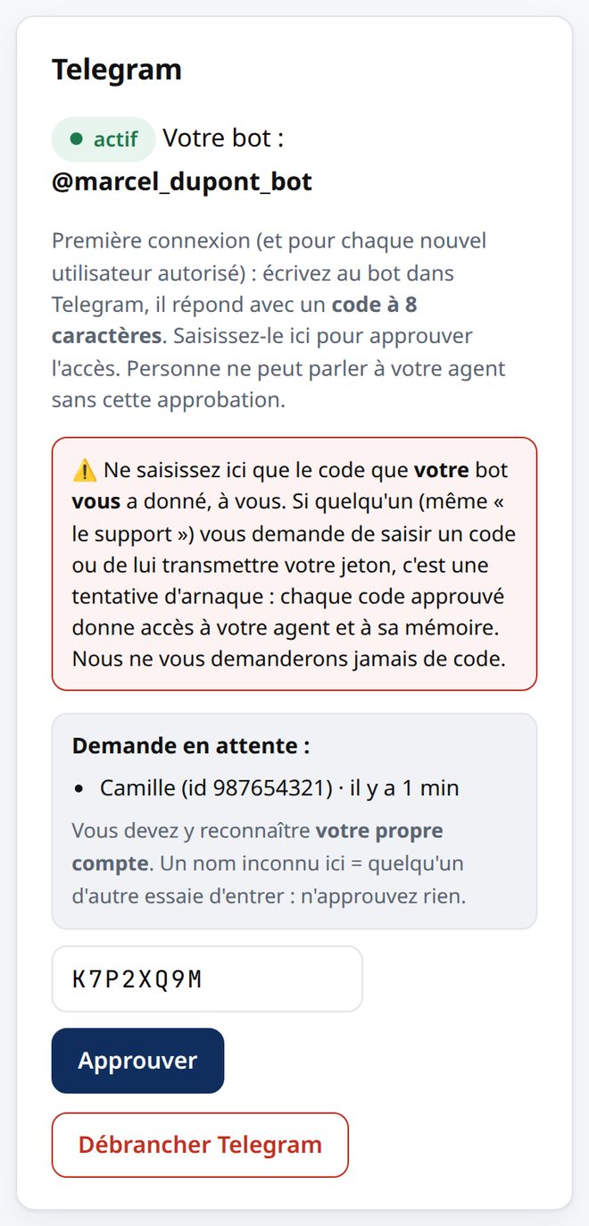 Le bloc Telegram avec le bot branché, le code à 8 caractères saisi et le bouton Approuver