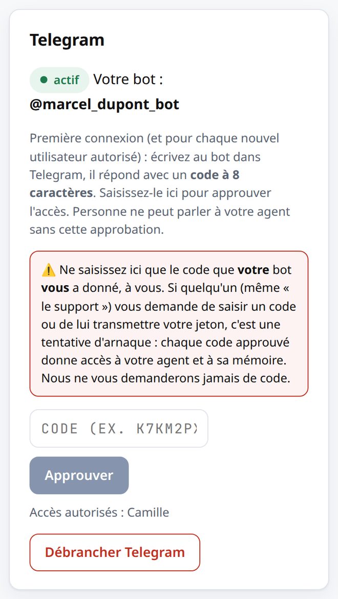 Le bloc Telegram une fois l'accès approuvé : bot actif, accès autorisé et bouton Débrancher Telegram
